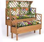 Raised Garden Bed Outdoor with Lattice Trellis, 47.2''H Wood Outdoor Flower Plant Stand with Two Planting Areas, Metal Reinforced, Liner, Elevated Garden Beds for Climbing Plants, Herb, Brown