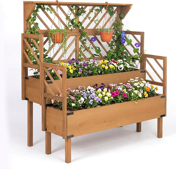 Raised Garden Bed Outdoor with Lattice Trellis, 47.2''H Wood Outdoor Flower Plant Stand with Two Planting Areas, Metal Reinforced, Liner, Elevated Garden Beds for Climbing Plants, Herb, Brown