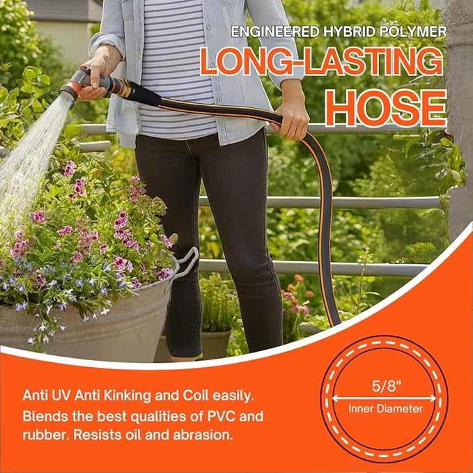 Flexibility Garden Hose, 25ft x 5/8", No-Kink, Wear-Resistant & Freeze-Resistant, Flexible Water Hose, Rubber Hose With Male/Female Fittings,Working Pressure 200 PSI,Burst 600 PSI, 3/4'' GHT
