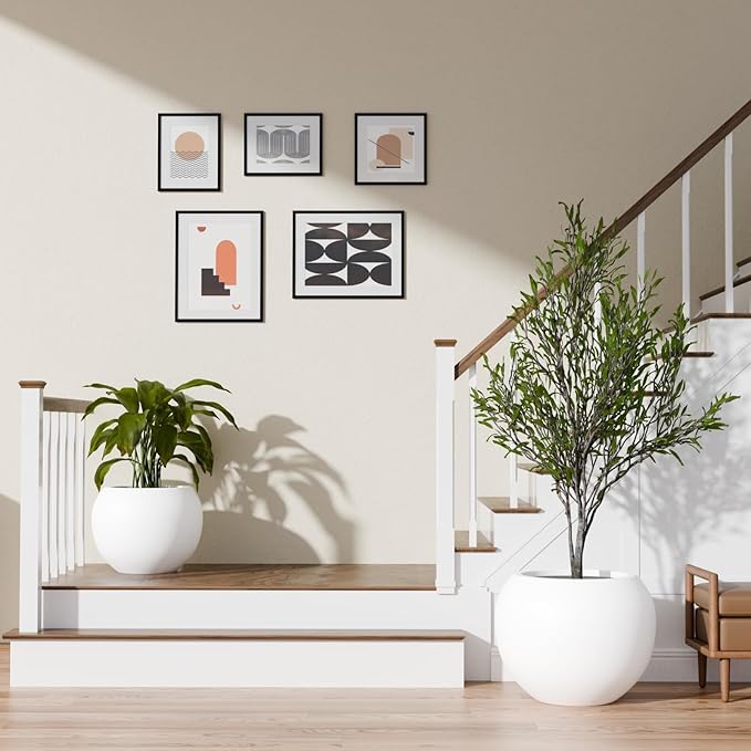 9.7" H x 12" D Premium Globo Fiberstone Round Planter with Drainage Hole, Smooth Finishes, Weather Resistant for Indoor and Outdoor Use, Included 2 Extra Coco Mats (White, 7.8" Pot Opening)