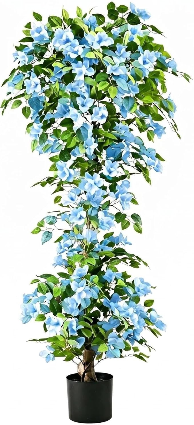 Artificial Bougainvillea Tree -5FT Faux Bougainvillea Tree with Realistic Flowers, Tall Fake Flower Tree for Indoor or Outdoor Decor, Silk Floral Plant for Living Room, Porch, Garden (Blue/White)