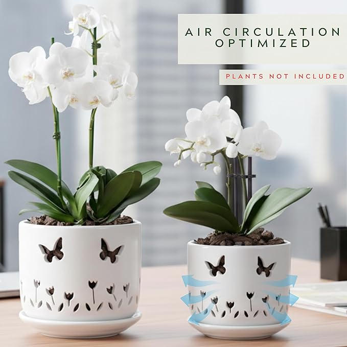 2 Pack, 5 + 6 Inch White Orchid Pots with Butterflies and Tulips Holes and Saucer, Ceramic Orchid Planters for Repotting with Drainage Holes and Tray Indoor Outdoor, Butterfly Gift