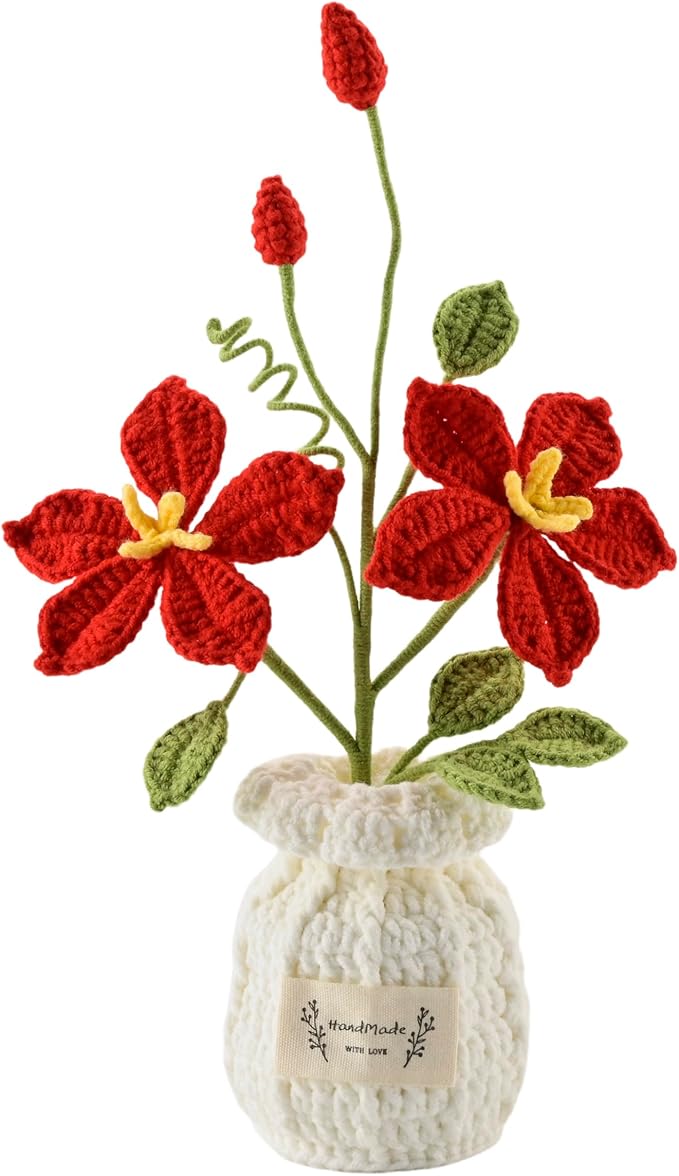 Hand-Woven Crochet Flowers, Simulation of Lotus Potted Plants, Used for Living Room Decoration, Garden, Balcony, Coffee Table Decoration for Family and Friends Lover Anniversary (Red)