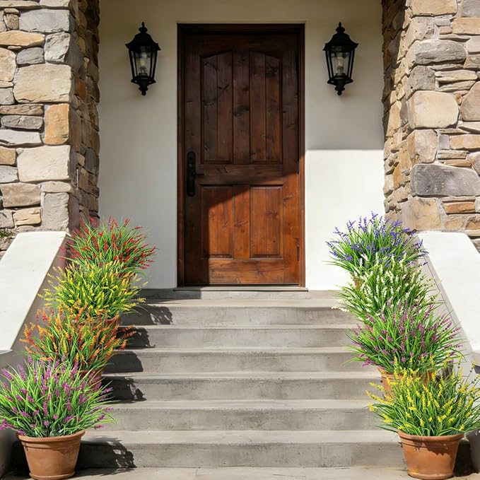 24 Bundles Artificial Plants Flowers Outdoor, Faux Lavender Flowers Fake Monkey Grass UV Resistant Plastic Plant for Porch Garden Patio Window Home Decor, Mixed Color