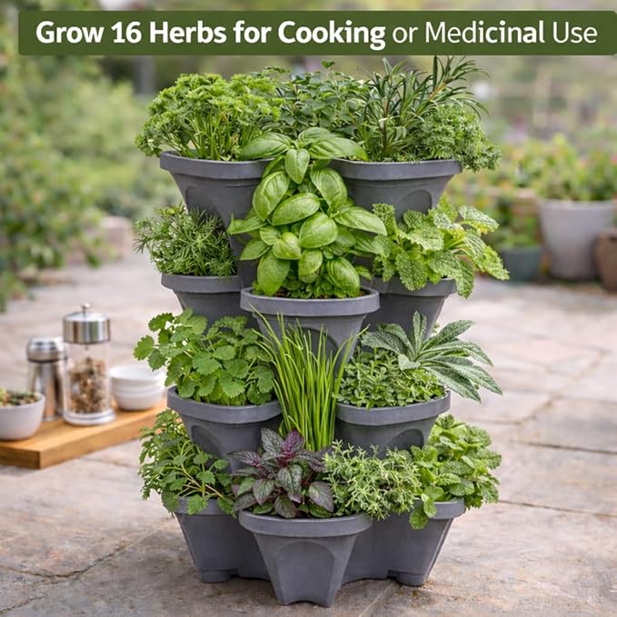 Vertical Garden Planter Stackable Tiered System 4 Plants per Pot, Space Saving Herb, Strawberry & Food Crop Planter with Center Support Hole for Indoor Outdoor Gardening (36, Slate Gray, Small)