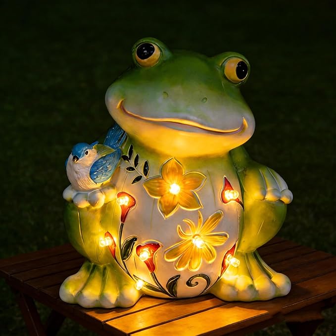IVCOOLE Outdoor Frog Sculptures,Solar Resin Garden Outdoor Statues,Mother's Day Frog Gifts Sculptures Decorations for Home Patio,Yard,Lawn, Porch, Ornament