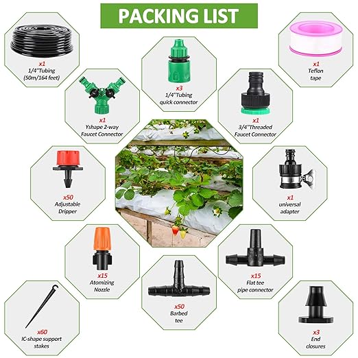 LasTool 164FT Drip Irrigation Kit,Automatic Garden Watering System with 1/4" Tubing,Adjustable Mist Sprayer Nozzles & Drip Emitters for Raised Bed,Patio,Lawn, Greenhouse-Easy DIY Installation