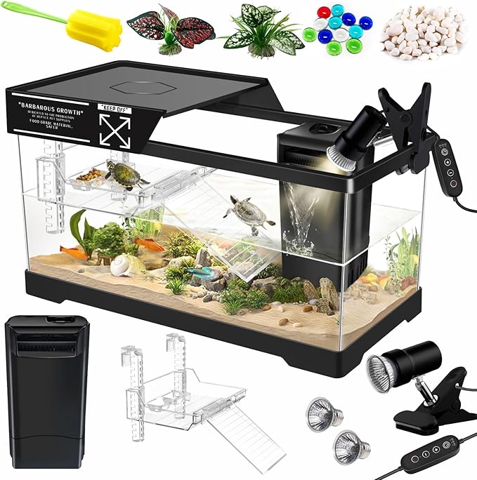 GOZILLA Aquatic Turtle Tank Kit+Lamp+Filter, Upgrade PC Turtle Tank Starter Kit with Adjustable Lamp & Filter,Reptile Habitat with Lid,Hanging Platform for Small Reptiles.(19.68×9.52×9.44''/Black Kit)