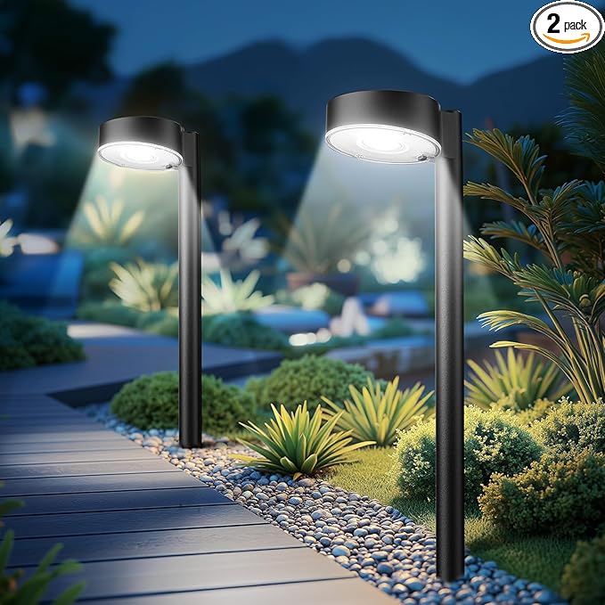 Ahaorigin 2 Pack Solar Pathway Lights Outdoor, 12 Brighter LED Solar Lights Outdoor Waterproof, Up to 12 Hrs Modern Path Light for Yard Garden Walkway Driveway Lawn, Cool White
