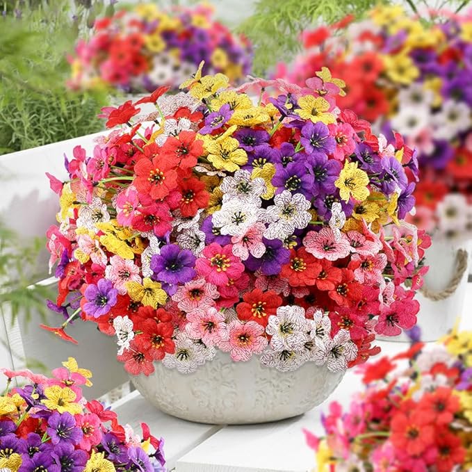 Artificial Outdoor Flowers 30 Bundles UV Resistant Fake Flowers No Fade Faux Plastic Plants Garden Porch Window Box Porch Farmhouse Hanging Decor(Mix Six Colors)