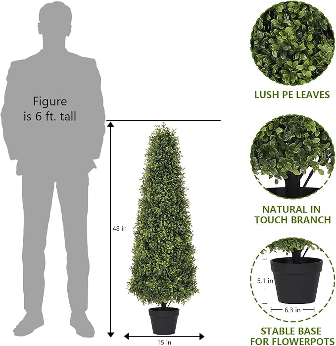 4ft Artificial Boxwood Topiary Trees (Set of 2) - UV Resistant Faux Plants Outdoor, Realistic 48in Fake Potted Bushes and Shrubs for Front Porch, Planter, Patio, Evergreen