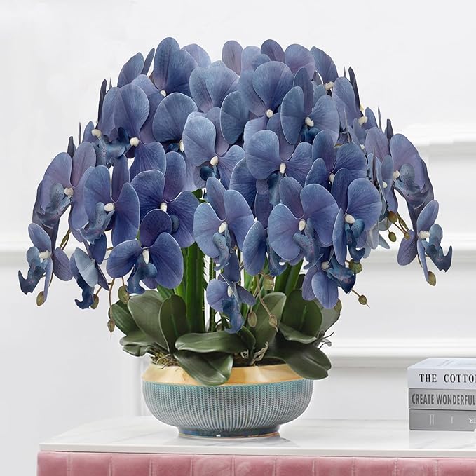 FagusHome 32 Inch Artificial Phalaenopsis Flowers 6 Pcs Artificial Orchid Flowers Stem Plants for Home Décor (Dark Blue)