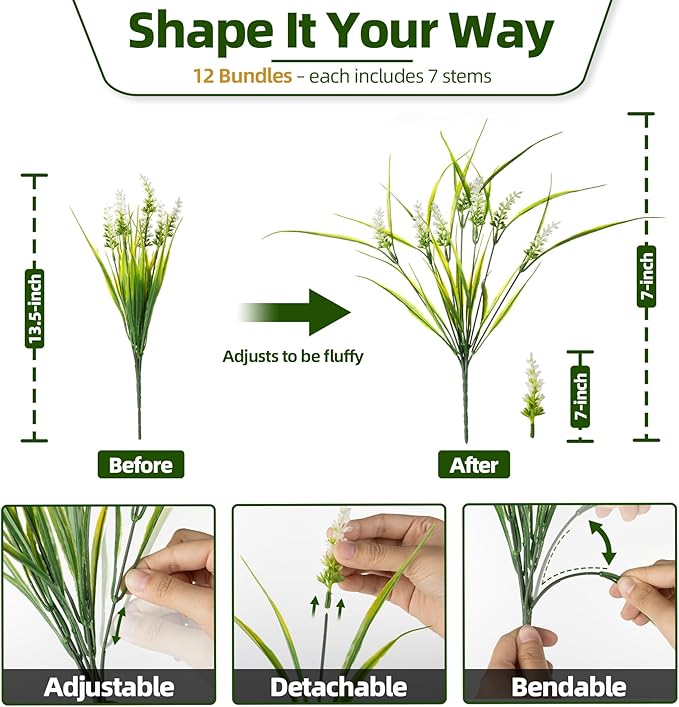 UV Resistant Faux Outdoor Plant, Fake Monkey Grass with Flowers, 12 Bundles Outdoor Artificial Plants Porch Decoration for Planter, Realistic Greenery with Flexible Stems for Patio Garden Pathway