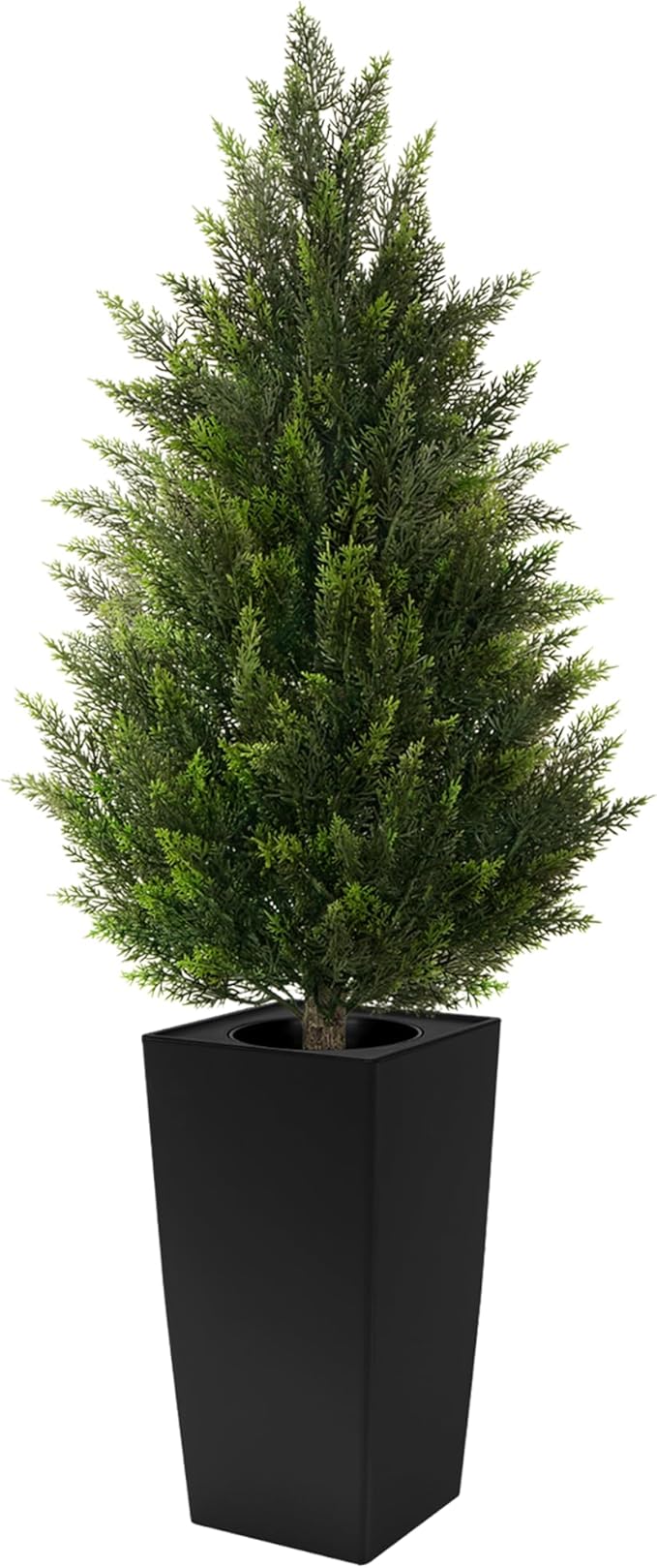 4FT Tall Artificial Cedar Topiary Tree with Compact Pyramidal Shape, Realistic Faux Cypress in Square Black Pot with Fillable Water Bag, Outdoor Evergreen for Front Porch Garden Home Decor