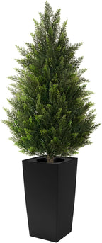 4FT Tall Artificial Cedar Topiary Tree with Compact Pyramidal Shape, Realistic Faux Cypress in Square Black Pot with Fillable Water Bag, Outdoor Evergreen for Front Porch Garden Home Decor