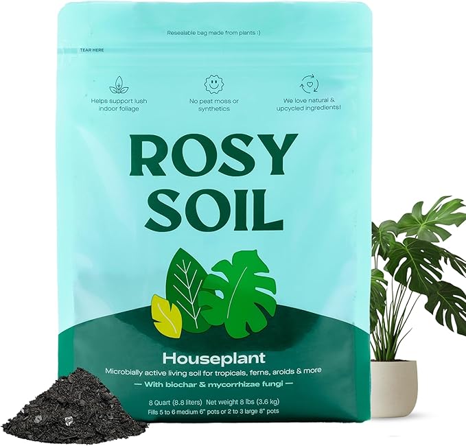Rosy Soil Indoor Potting Soil for House Plants - Organic Potting Soil Mix for Indoor Plants - Enriched w/Root-Boosting Biochar for Foliage Plants, Flowers, Herbs - Peat Free, Less Prone to Gnats - 8qt