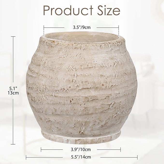 Briful Rustic Vintage Ceramic Pottery Vase, 5.1'' Farmhouse Table Decor with Distressed Texture, Wide Mouth Decorative Jar Vases for Home Decor, Shelf & Entryway, Cream White