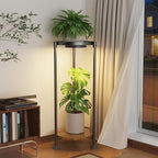 iDavosic.ly 2 Tier Plant Stand Indoor with Grow Light, 30 Inch Tall Vertical Corner Metal Flower Heavy Duty Pot Holder Shelf, Modern Black & Rustic Brown - Round