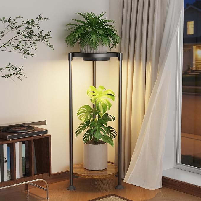 iDavosic.ly 2 Tier Plant Stand Indoor with Grow Light, 30 Inch Tall Vertical Corner Metal Flower Heavy Duty Pot Holder Shelf, Modern Black & Rustic Brown - Round