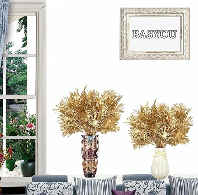 Fake Plants Christmas Decorations Gold Bouquet, PASYOU Artificial Flowers Plastic Shrubs Grass Leaves Indoor Outdoor Home Garden Party Hotel Verandah Wedding Event Faux DIY Table Decor - Golden 2 Pack