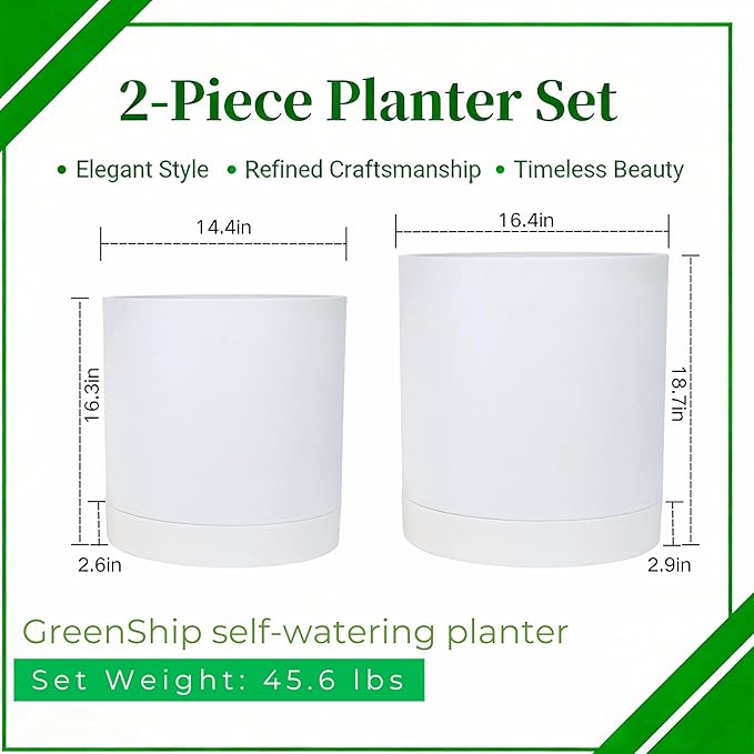 GreenShip Planter Set of 2 (15.7" &13.7") – Cylinder Planters with Drainage Hole and Planter Saucer, Jun Porcelain Clay & Recycled Resin, Decorate Home,Office & Outdoor,White pots