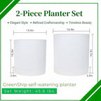 GreenShip Planter Set of 2 (15.7" &13.7") – Cylinder Planters with Drainage Hole and Planter Saucer, Jun Porcelain Clay & Recycled Resin, Decorate Home,Office & Outdoor,White pots