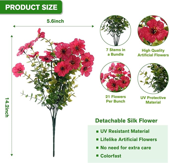 Artificial Flowers Fake Plants for Outdoors Spring Decoration, 13Bundles Silk Realistic UV Resistant Faux Flowers for Outside Planter Porch Yard Patio Garden Home Indoor, Rose