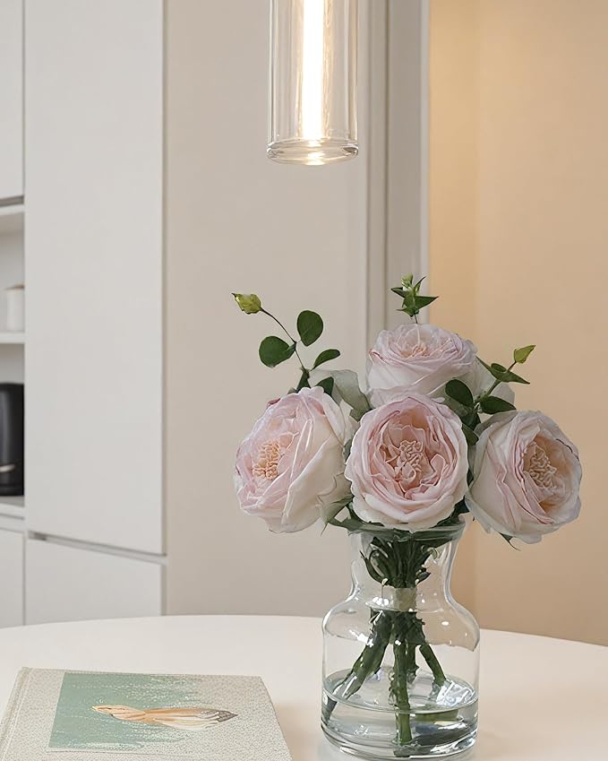 CHASMILE Lifelike Artificial Light Pink Rose Bouquet in Vase - 3D Petals & Stem Design - Table Centerpiece for Wedding, Restaurant, or Home Dining Room