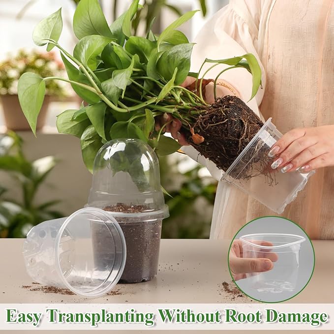 RooTrimmer 60 Pack Clear Nursery Pots with Humidity Domes, 4 Inch Plastic Plant Pots with Drainage Holes for Seedlings, Transparent Seed Starting Pot for Cuttings Propagation Indoor Gardening