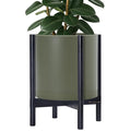 D'vine Dev Planter Pot with Stand - 14 Inch Plastic Cylinder Flower Pot with Wood Planter Holder for Indoor, Olive Pot + Ebony Stand, 55-C-T-3