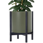 D'vine Dev Planter Pot with Stand - 14 Inch Plastic Cylinder Flower Pot with Wood Planter Holder for Indoor, Olive Pot + Ebony Stand, 55-C-T-3