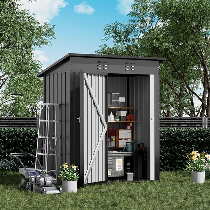 COMHOMA Shed Outdoor Storage Shed Metal,Lockable Doors Tool Sheds with Sloping Roof,Steel Garden Shed with Air Vent for Backyard,Patio,Lawn,Poolside(Grey,5'*3')