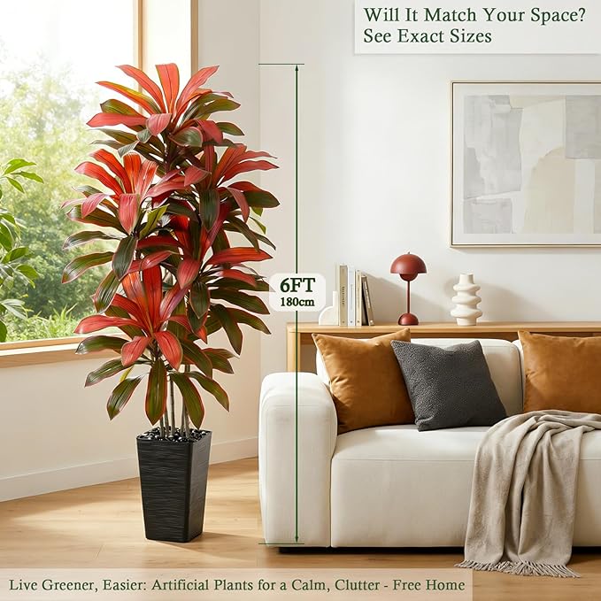 Artificial Dracaena Tree：6FT Faux Silk Tropical Yucca Floor Trees Realistic Fake Green Plant with Natural Wood Trunk & Lifelike Leaves for Home Office Decor Indoor & Outdoor (6FT,1-Pack,Black)
