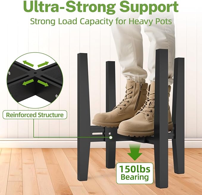 iDavosic.ly Adjustable Plant Pot Stand 2 Pack Indoor Outdoor, Mid Century Modern Bamboo Short Single Flower Holder Fits 8 to 12 Inch Large Heavy Duty Planter (Not Included) | Black