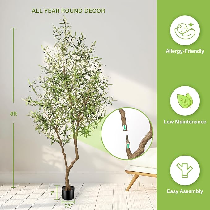 8ft Faux Olive Tree - Large Realistic Artificial Olive Trees 8 Feet (96") Indoor Fake Plants with Realistic Trunk, Adjustable Branch, Olive Silk Tree with Planter for Home Living Room Decor