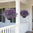 GLIDLION Artificial Flower & Eucalyptus with Hanging Basket - 2PCS Faux UV Sun Resistant Morning Glory in Planter, Fake Colorful Silk Flowers for Spring Summer Porch Patio Balcony Yard Decor (Purple)