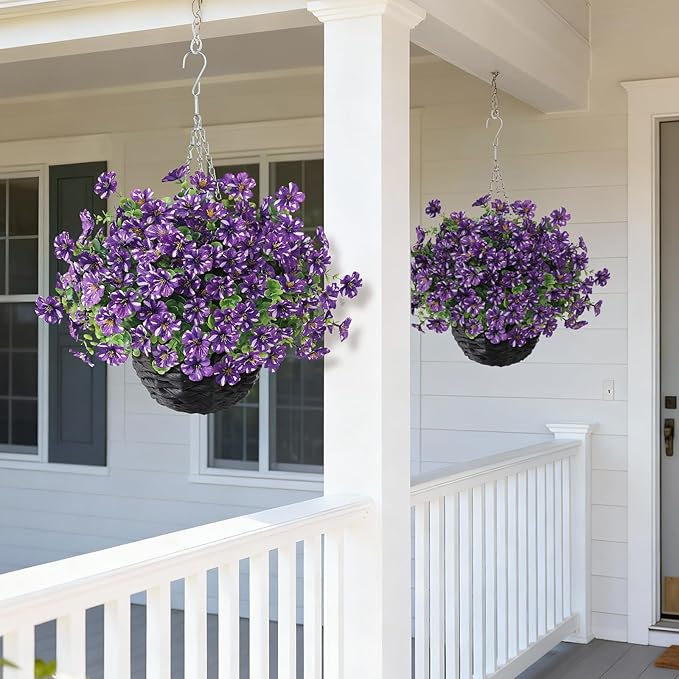 GLIDLION Artificial Flower & Eucalyptus with Hanging Basket - 2PCS Faux UV Sun Resistant Morning Glory in Planter, Fake Colorful Silk Flowers for Spring Summer Porch Patio Balcony Yard Decor (Purple)