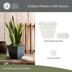The HC Companies Eclipse Square Plastic Planter w/Attached Saucer - Outdoor & Indoor Plant Pot with Drainage Holes - Lightweight, UV-Resistant Plastic Pots for Plants (10" White, Pack of 1)