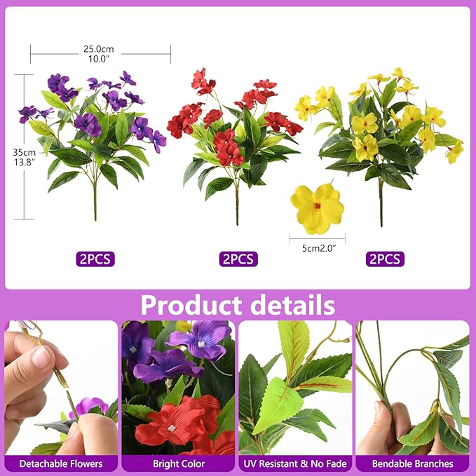 Hommyea Artificial Fake Flowers for Outdoor, 6 Bundles UV Resistant Faux Plants Decoration Silk Flowers No Fade Plastic Flowers for Outside Planters Home Porch Patio Yard Garden Decor