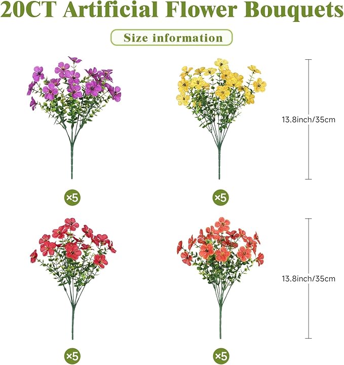 Alupssuc 20 Bundles Artificial Flowers for Outdoor Indoor Decoration, UV Resistant No Fade Fake Plants Eucalyptus, Colorful Faux Spring Flowers for Outside Yard Porch Patio Garden Home Window Box