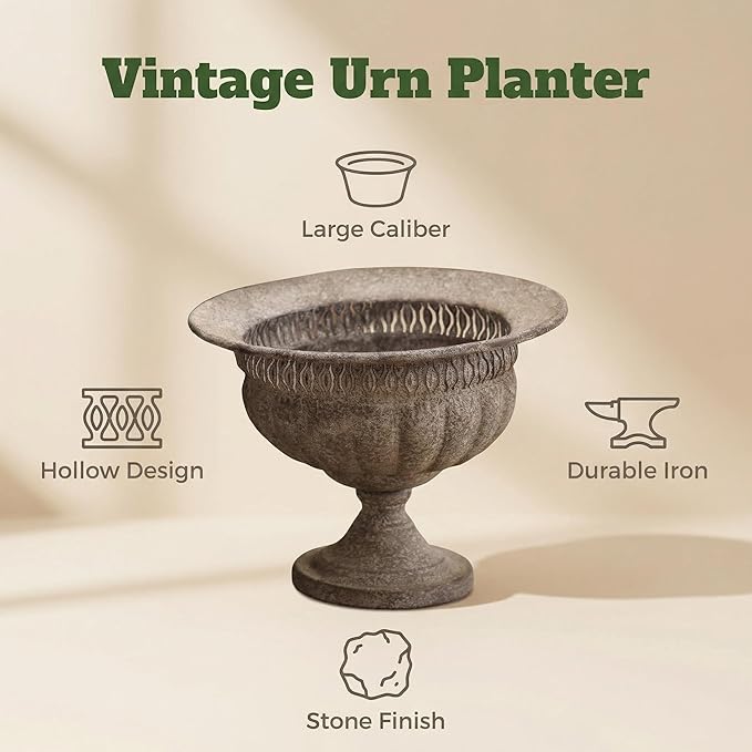 Vintage Urn Planter with Embossed Pattern, Imitation Stone Finish Flower Pot, Distressed Classic Plant Pot for Outdoor Indoor Home Garden Patio Front Porch Entryway（14.8 * 12 in）