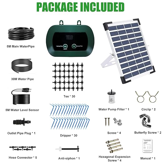 Lewisia 5W Solar Drip Irrigation System with Timer Auto Watering Kit for Garden Raised Beds Patio Lawn Greenhouse Up to 30 Plants