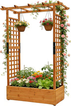 Raised Garden Bed Wooden Patio Planter with Trellis Outdoor Climbing Cucumber Box Pots Tomato Flower Vegetable Herb Porch, Tall Hanging Roof, Orange, 42.5" L x 17.3" W x 66.1" H