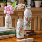 Vintage Vase Set of 3, Ceramic Vintage Flower Vases, Decorative Home Decor Retro Floral Vase Rustic Farmhouse Decor for Table Bookshelf Mantel Kitchen Living Room Office - Pink Flower