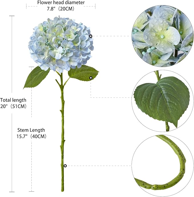 ZYTUYO 20" 4PCS Artificial Light Blue Hydrangea Flowers Large Faux Latex Real Touch Fake Hydrangeas Silk Bouquet with Leaves Stems for Family Table Office Wedding Party Arrangements