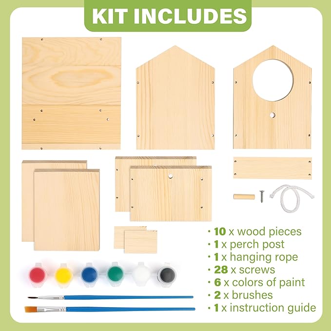 LotFancy Bird House Kit, DIY Wooden Birdhouse Kits, Arts and Crafts Painting Kits for Kids Ages 4+, Build and Paint, Including Paints & Brushes
