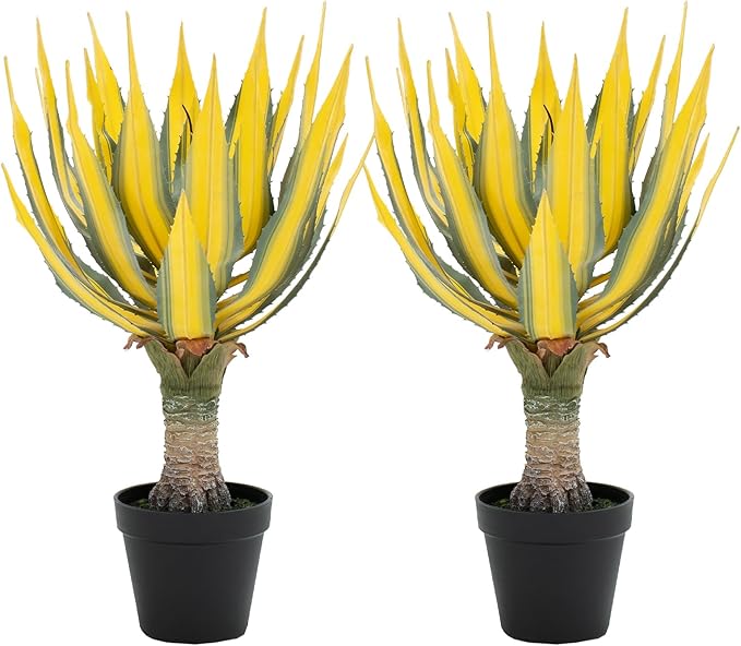Artificial Green Edged Gold Leaf Spiny Agave Plant with 23 Leaves, 19.68in Faux Agave for Indoor & Outdoor Home Decor Perfect for Porch Living Room Bedroom Patio & Office （2 Pack）