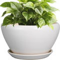Ceramicfor Ceramic Planter - 9 Inch Plant Pot Indoor with Drainage Hole and Saucer for Outdoor Plants Mid-Century Round Planter Modern Flower Pot for House Garden White