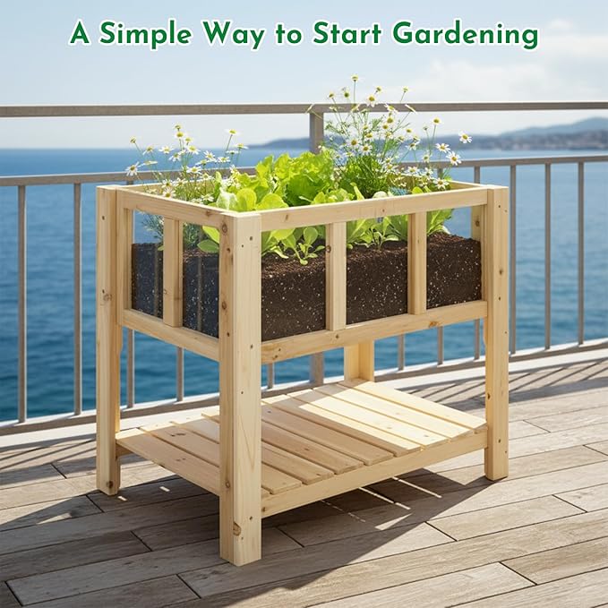 ketive Raised Garden Bed with Transparent Acrylic Side Panels, Elevated Wooden Planter Box with Shelf for Vegetables, Herbs & Flowers,Outdoor Raised Garden Planter for Patio, Balcony & Backyard
