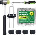 6 Inch Landscape Fabric Staples, 50Pcs Garden Stakes Galvanized +50Pcs Gasket +Pick Hook +Rubber Mallet, U Shaped Weed Barrier Stakes 11 Gauge Lawn Staples Landscape Pins for Yard, Sod, Weed Mat